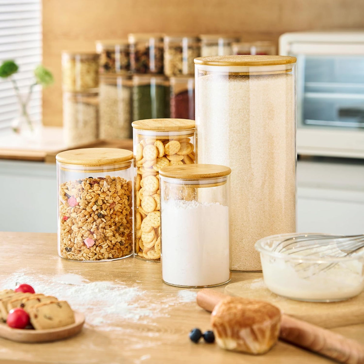 Extra Large Glass Flour and Sugar Storage Containers with Airtight lid,105 floz x1 & 48 floz x1 [Set of 2] Big Glass Jars with Bamboo Lids, Air Tight Food Jar for Cereal, Pasta, Rice, Coffee
