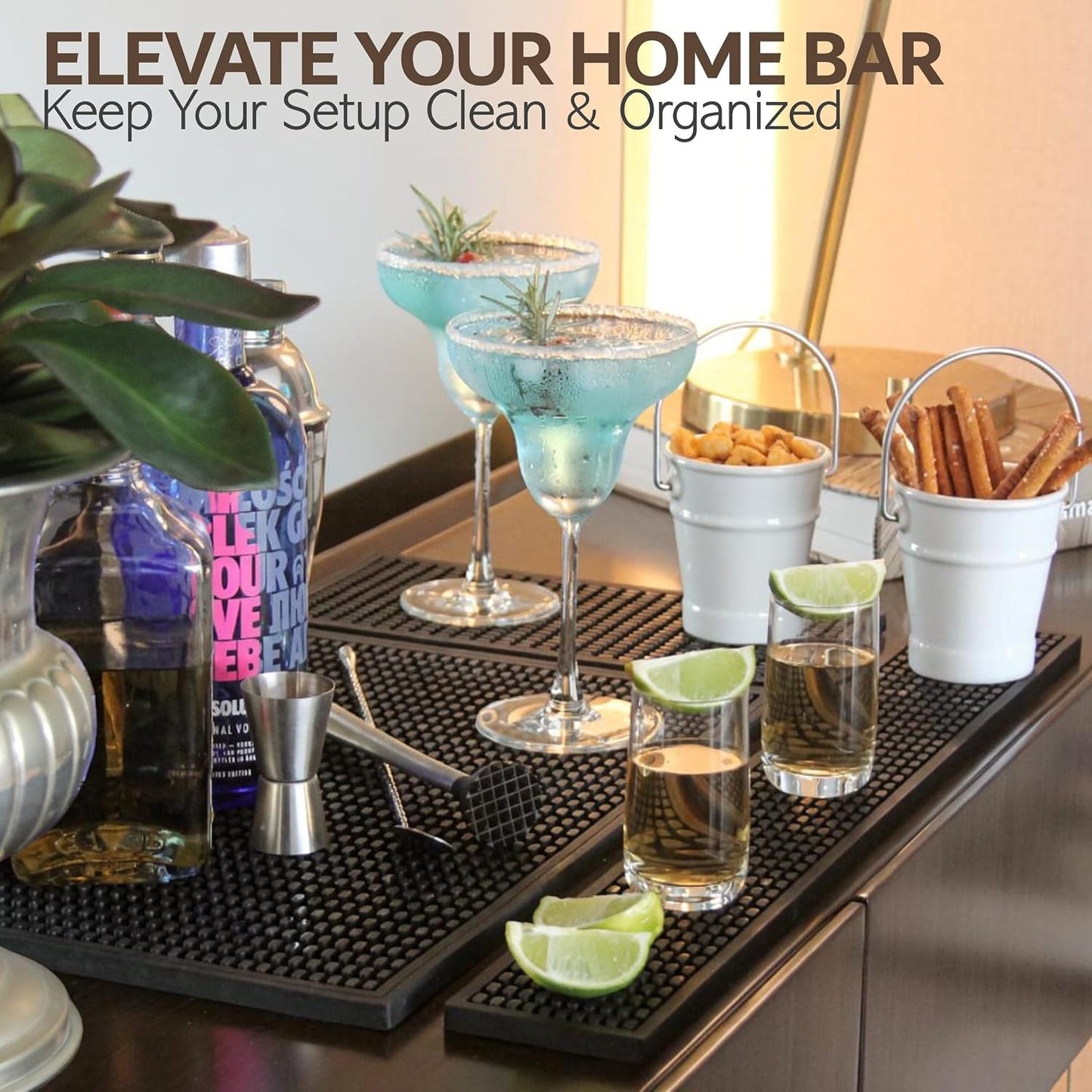 Rubber Bar Mat – Non-Slip Spill &amp; Drip Mat for Bartending, Coffee Bar &amp; Kitchen Countertop, Thick Durable Counter Protector &amp; Stylish Drying Mat (Total Black, 23.6" x 3.1")