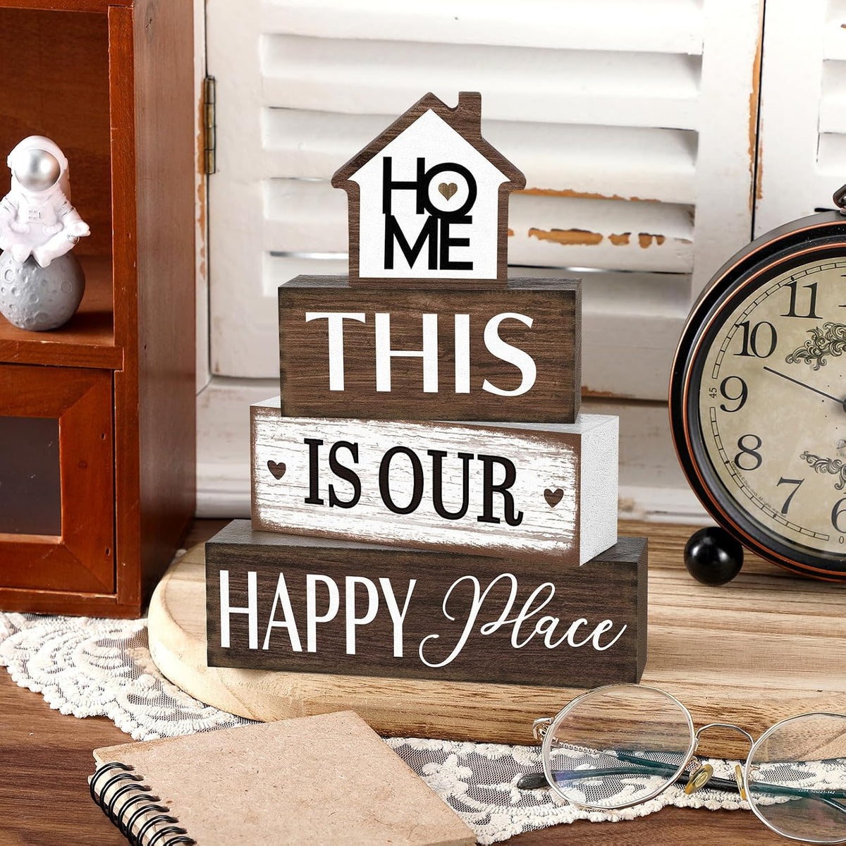 Cinnvoice 4 Pcs Farmhouse Table Decoration Rustic Sign Block,Vintage Home | This Is Our Happy Place Wood Sign, Home Tabletop Centerpiece, Modern Farmhouse Decor for Home Kitchen Shelf Tier Tray Decor