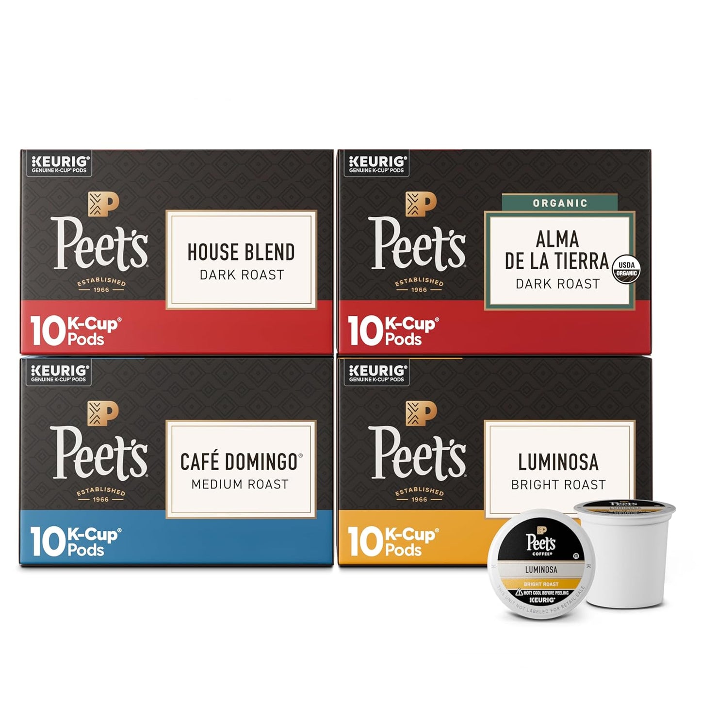 Peet's Coffee, Keurig K-Cup Pods Variety Pack, 100% Arabica Coffee - Luminosa Breakfast Blend, Café Domingo, Organic Alma De La Tierra, House Blend, 40 Count (4 Boxes of 10 Pods)