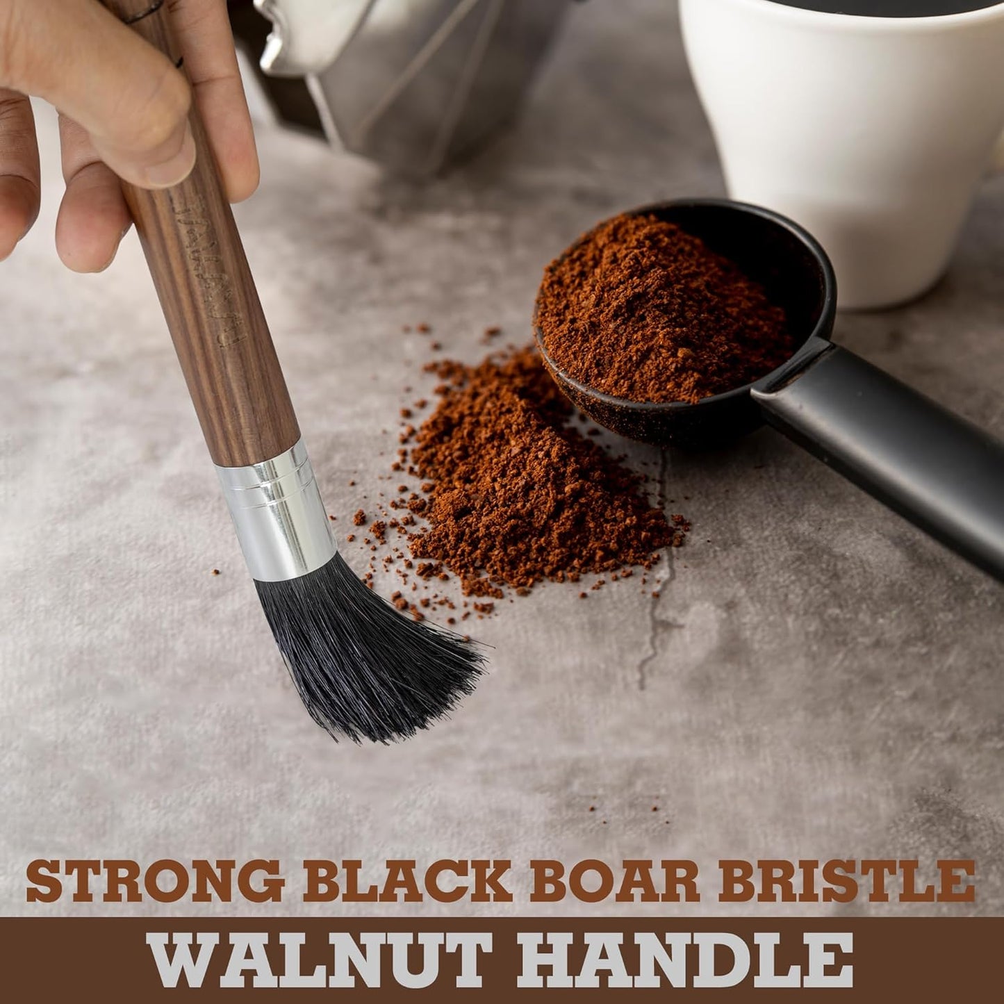 Takavu Coffee Grinder Cleaning Brush, Barista Brush with Black Boar Bristle, Espresso Machine Cleaner Tool, Brista Dusting Accessories Used on Group Heads, Shower Screen, Portafilter, Scoop, Tamper