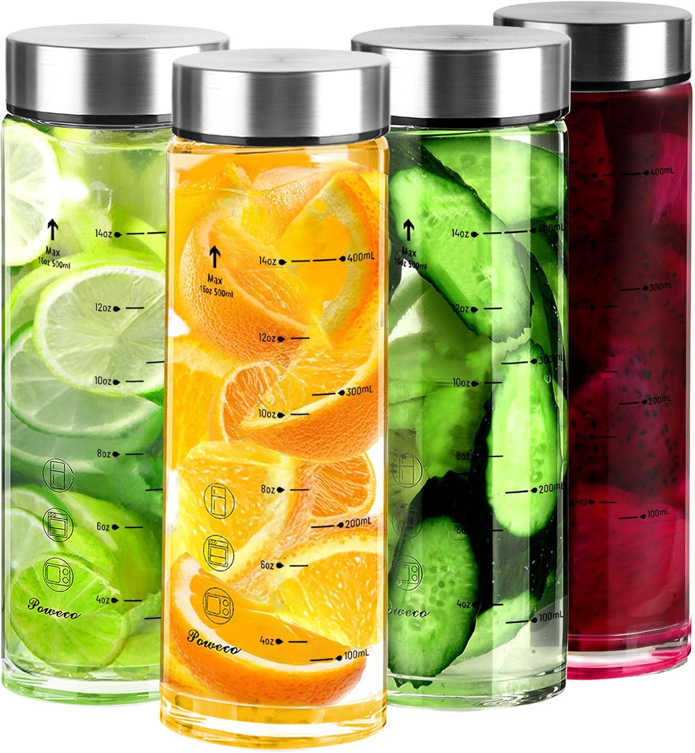 Glass Juice Bottles 4 Pack 16 oz - Wide Mouth Glass Water Bottles with Lids - for Juicing, Protein, 