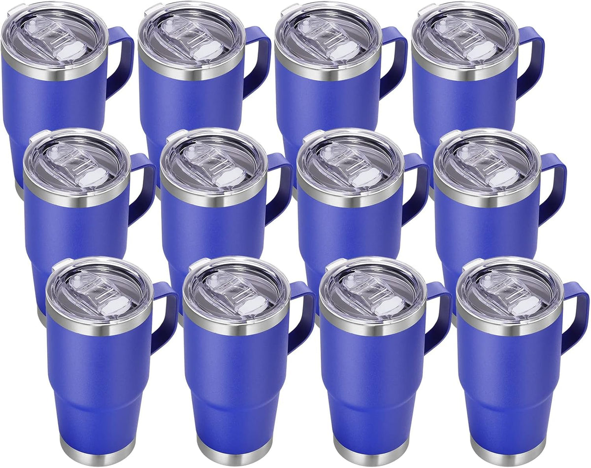 VEGOND 20 oz Tumbler Bulk with Handle Lid and Straw, Stainless Steel Insulated Travel Coffee Mug Set, Spill Proof Double Wall Metal Tumblers Cups, Powder Color Royal Blue 12 Pack