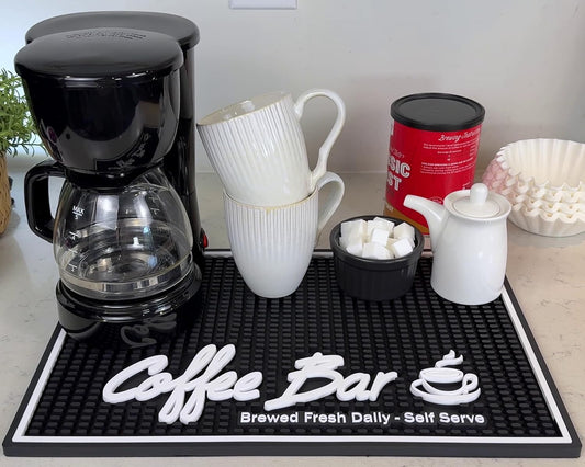 Coffee Station Mat Brewed Fresh Daily Self Serve Coffee Bar Matt for Countertop, Large 18 x 12 in Mats for Kitchen Decor and