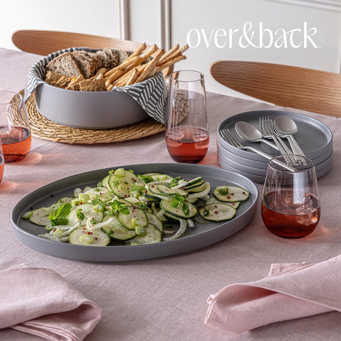 Over&amp;Back Stackable Stoneware Serving Platter - Elegant 1-Piece Oval Serving Platter to Complete Your Kitchen Set - Perfect for Appetizers, Desserts, and More - 16" L x 11" W - Semi-Matte Charcoal