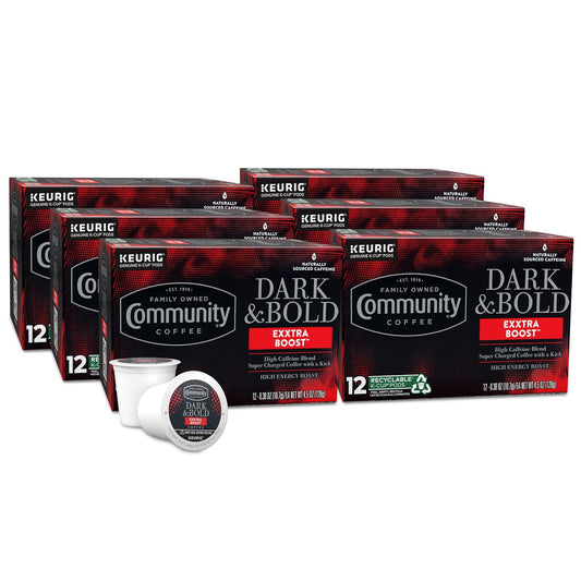 Community Coffee Dark & Bold Exxtra Boost 72 Count Coffee Pods, Compatible with Keurig 2.0 K-Cup Brewers, 12 Count (Pack of