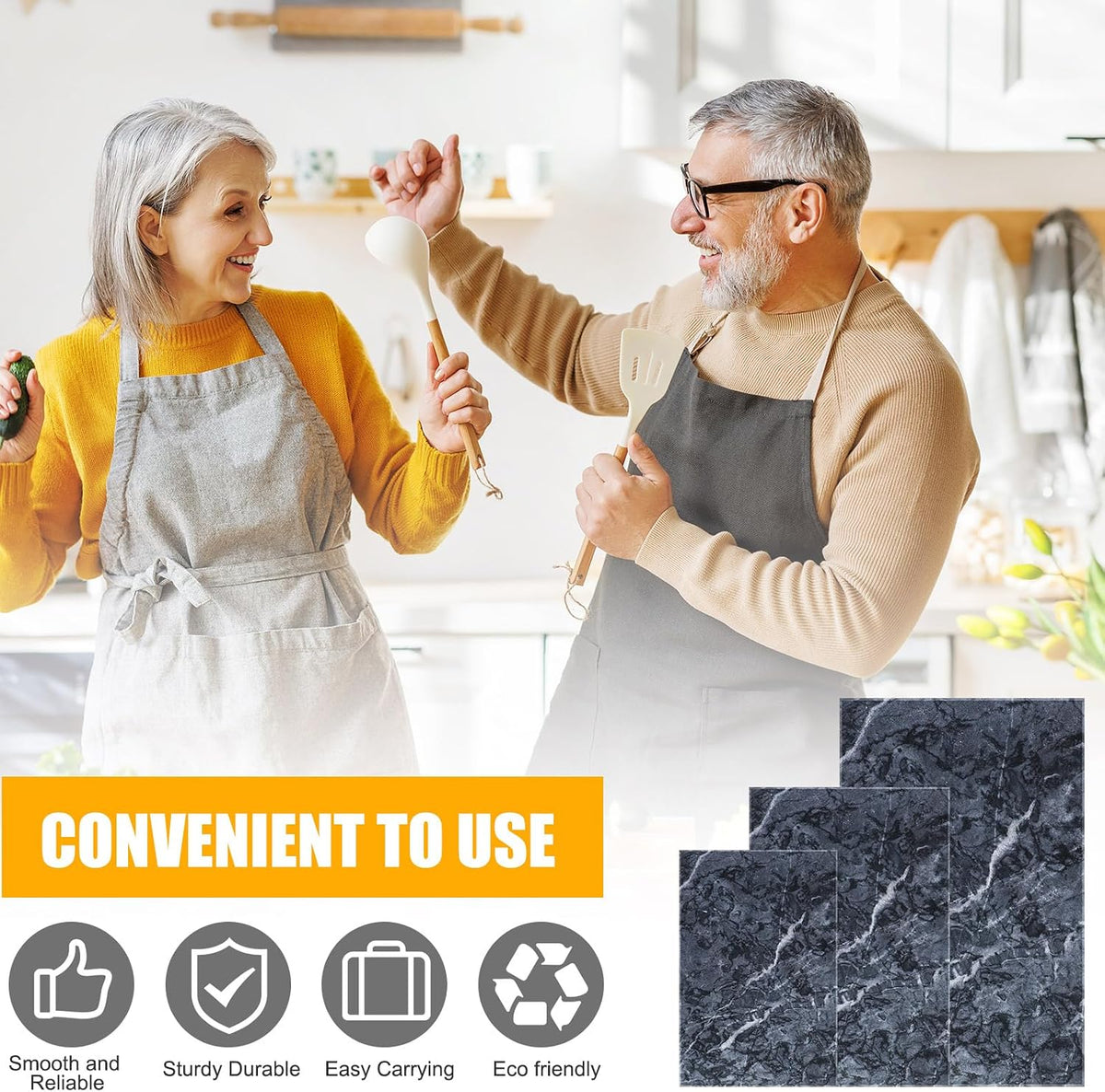 Hushee 3 Pcs Marble Cutting Board for Kitchen Different Size, Black
