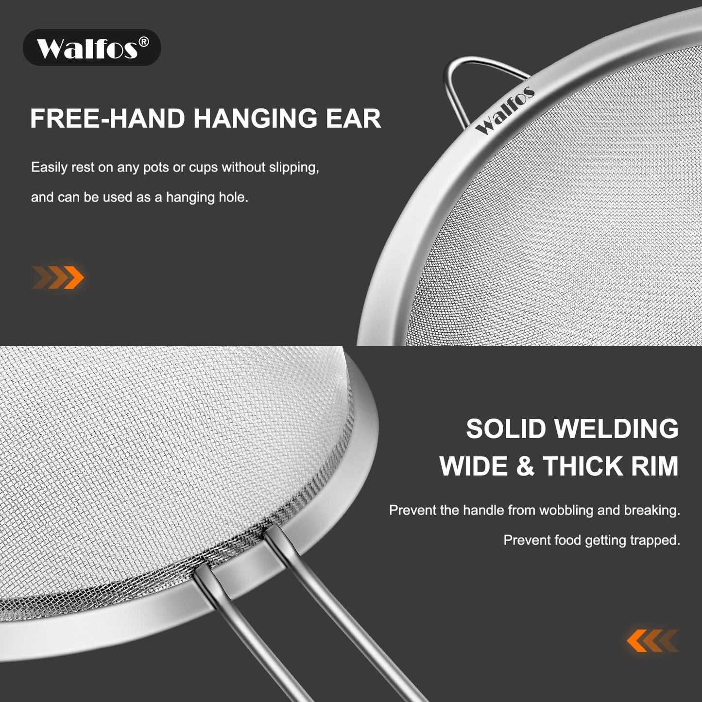 Walfos Large Fine Mesh Strainer 9.35" &amp; 7.8", Stainless Steel Mesh Sieve with Sturdy Handle, Kitchen Metal Food Strainers for Quinoa, Rice, Pasta, Fruits, Vegetables, etc., Set of 2