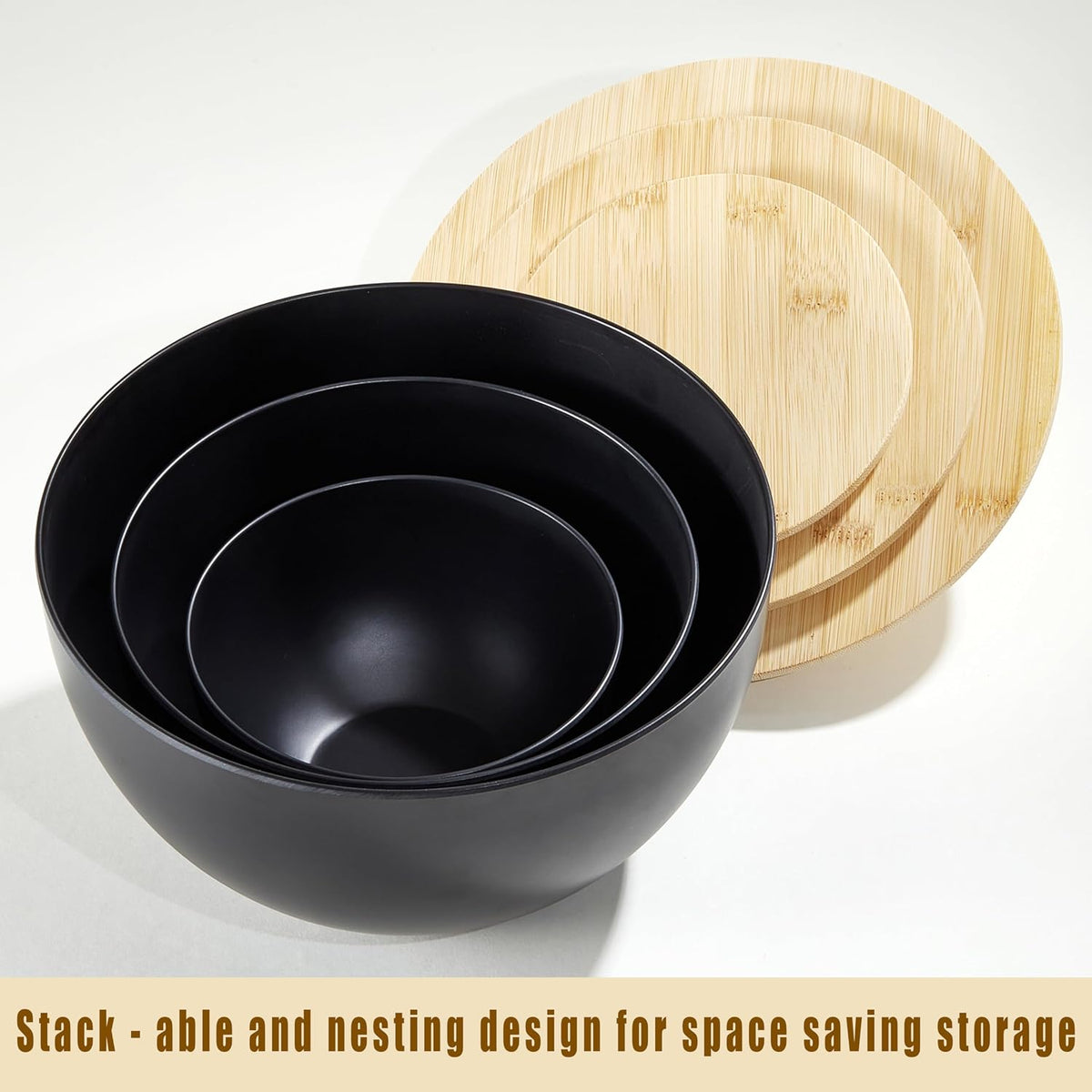 JOYMAY Salad Bowl with Lid, Mixing Bowl Salad Bowl Set, Natural Bamboo Fiber Serving Bowl Set of 3 with Bamboo Wood Lid, Nesting Bowls for Salads,Pastas(Black,10",8",6")