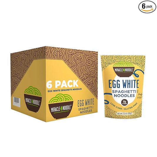 Miracle Noodle Egg White Spaghetti Pasta, 3.5 Oz (Pack of 6), Ready to Eat Egg White Noodles, 10g Protein, 45 Calories, 1g