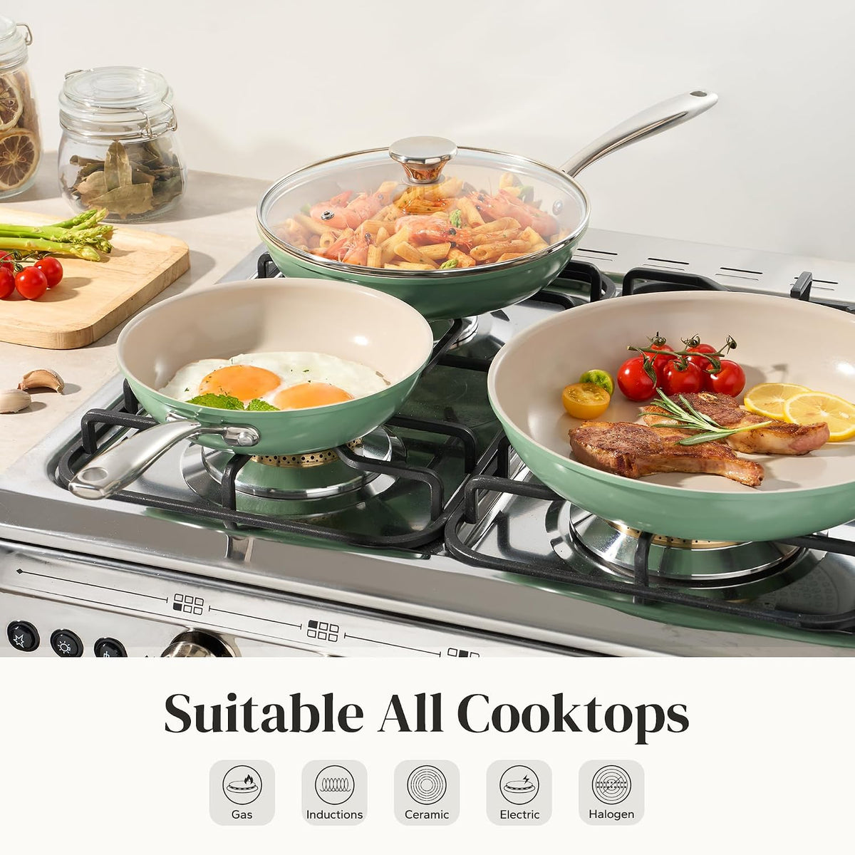 Redchef Nonstick 6-Piece Fry Pan Set, 8, 9.5, and 11 Inch Frying Pans with Tempered Glass Lids, Stay-Cool Handles, Dishwasher & Oven Safe, Induction Safe, Compatible with All Cooktops, Green