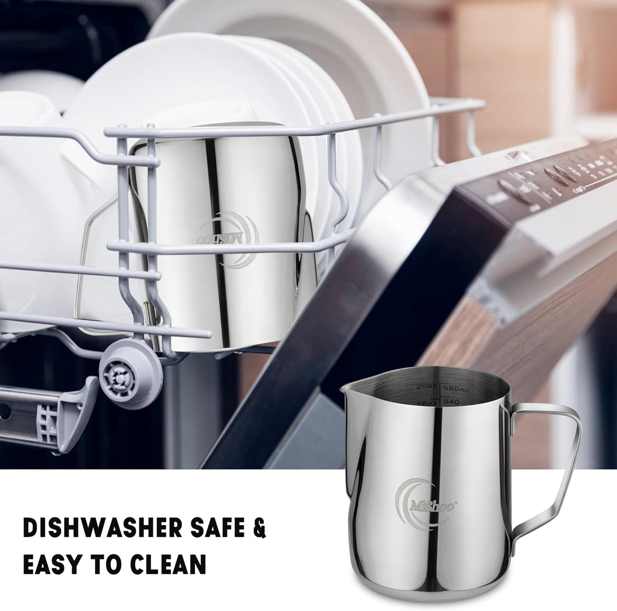 MiShoo™ Milk Frothing Pitcher 20oz – 304 Stainless Steel Milk Frother Cup for Espresso, Latte &amp; Cappuccino – Mixing Pitcher with Spouse Rustproof, Precise Pour Spout, Easy-Clean Espresso Accessories