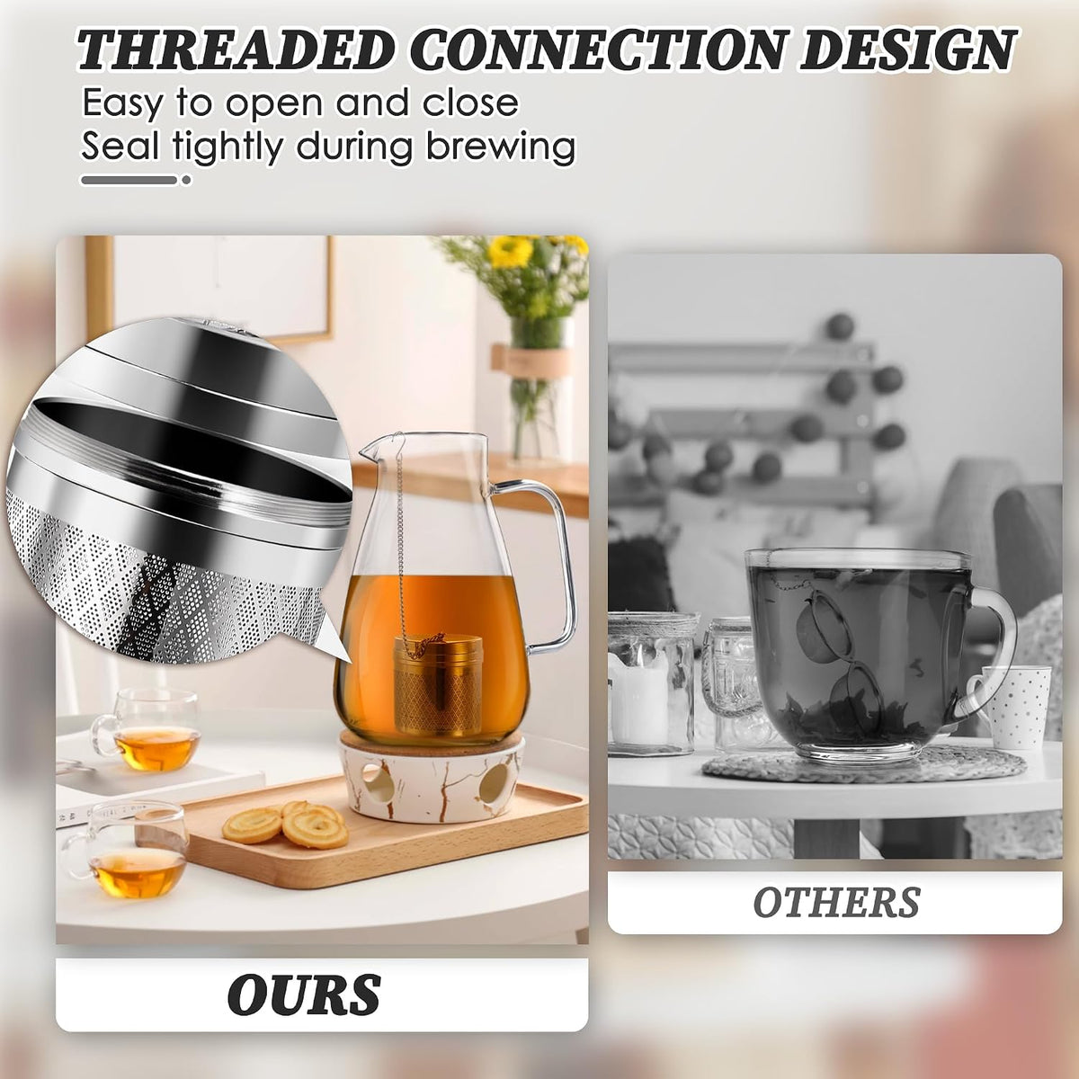 Yoassi Tea Infusers for Loose Tea, Extra Fine Mesh Tea Strainers, 18/8 Stainless Steel Loose Leaf Tea Steeper Tea Diffusers with Extended Chain Hook and Drip Tray 1 Pack
