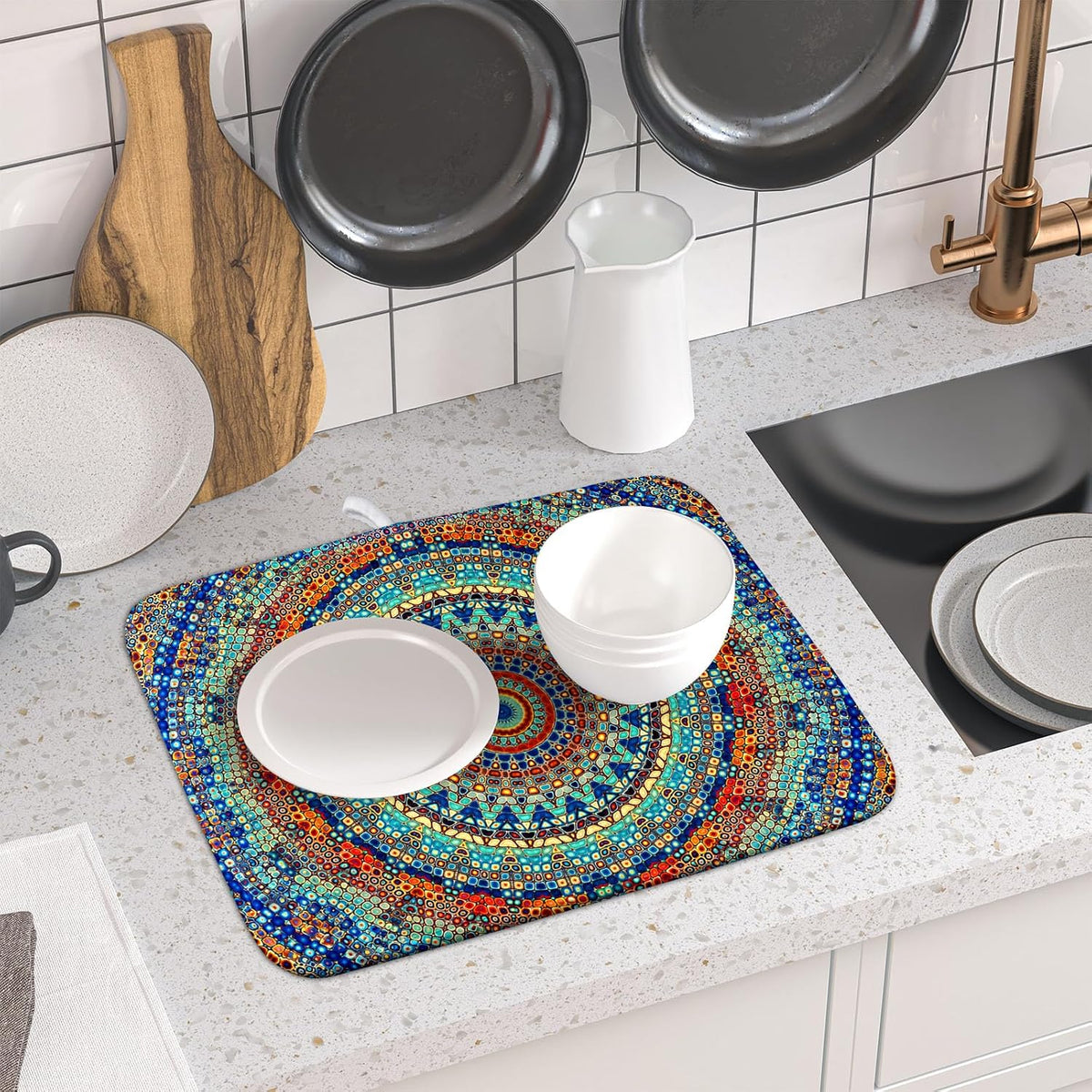Bohemian Mandala Dish Drying Mat for Kitchen Counter Boho Ethnic Drying Mat 16 x 18 Inch with High Absorbent Reversible Microfiber Dish Drying Pad Dish Rack Pad Drainer Mat for Coffee Bar