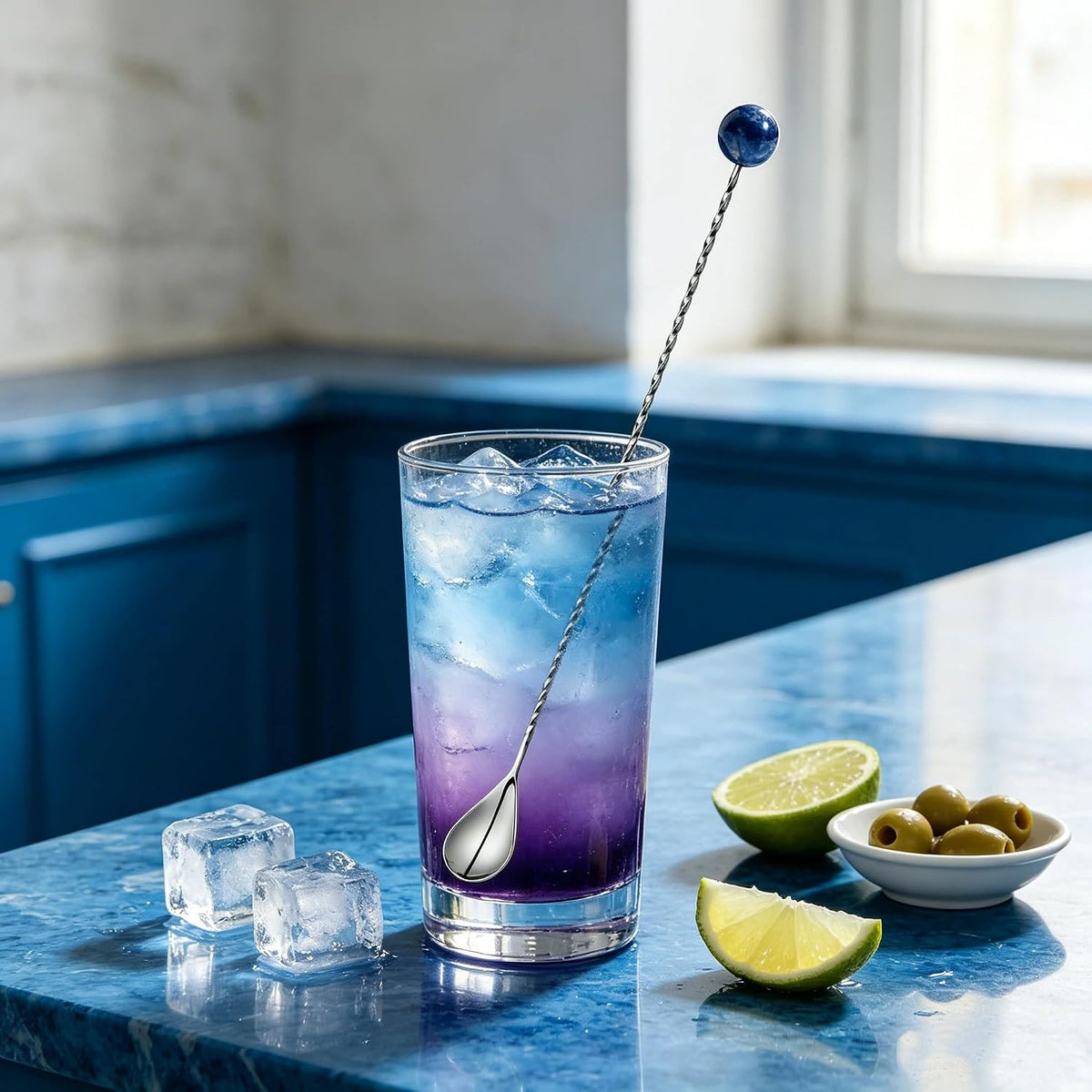 Homestia 12 Inch Bar Spoon, Cocktail Mixing Spoon, Blue Gemstone Decor | Stainless Steel Long Handle Spiral Design, Drink Stirrers Spoons Dirty Soda Coffee Bar Supplies Gifts for Bartender Home Use