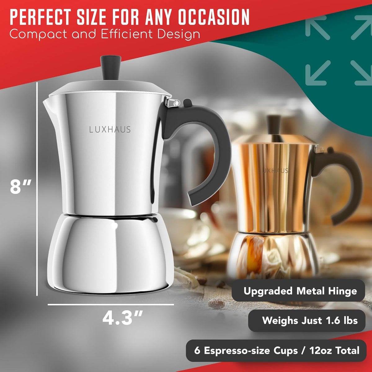 LuxHaus 6 Cup Moka Pot (2oz each cup - 12oz total) Stovetop Espresso Maker - Stainless Steel Italian and Cuban Mocha Coffee Maker