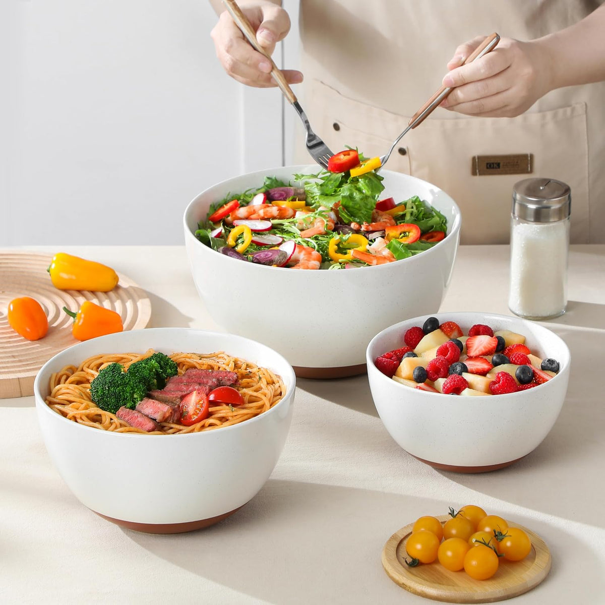 MALACASA Ceramic Mixing Bowls, Large Serving Bowls for Mixing, Cooking, Prepping, Baking, Salad, Soup, Pasta, Nesting Bowls Set of 3, 46/80/140 Oz, Oven, Microwave and Dishwasher Safe, Series TARA