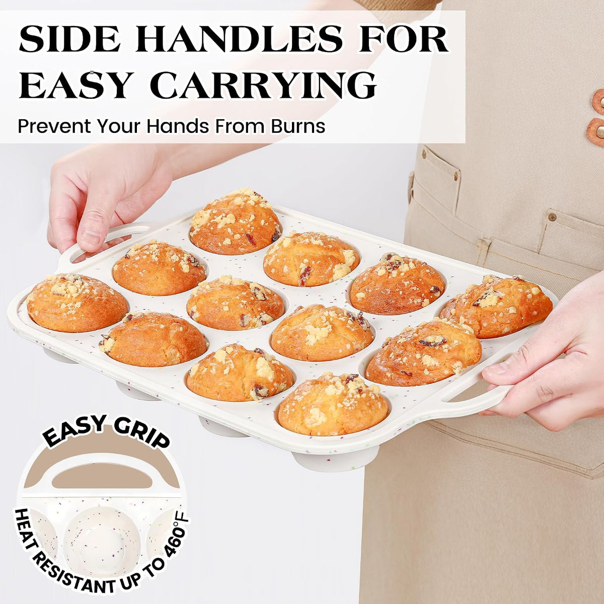 2 Pcs Silicone Muffin Pans for Baking, Cream | Regular 12 Cup and Mini 24 Cup, with Metal Reinforced Frame, Silicone Cupcake Mold, BPA Free