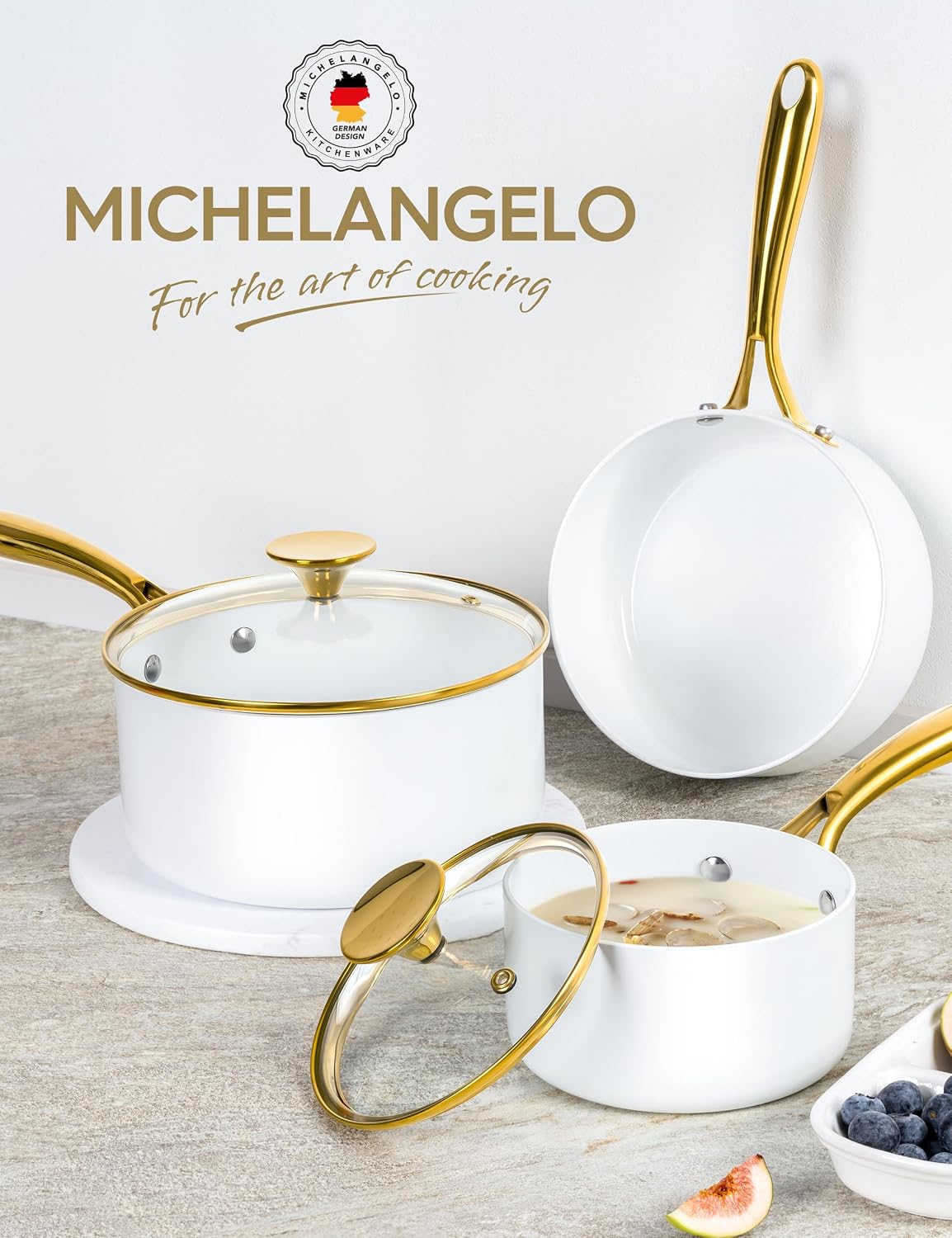 MICHELANGELO 1 Quart Nonstick Saucepan with Lid, Non-Toxic Ceramic Sauce Pan with Ergonomic Handle, 1 Qt Small Pot, Oven-Safe, White