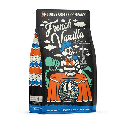 Bones Coffee Company French Vanilla, Creamy Vanilla Flavored Coffee, Medium Roast Low Acid Arabica Beans Compatible with