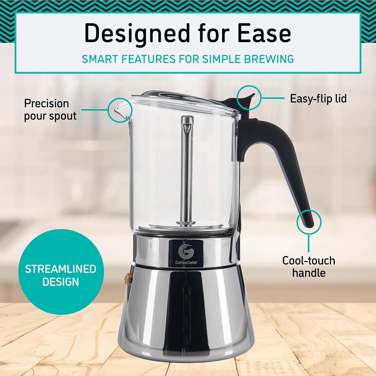Coffee Gator 4 Cup Moka Pot, 6.7oz Stovetop Espresso Maker