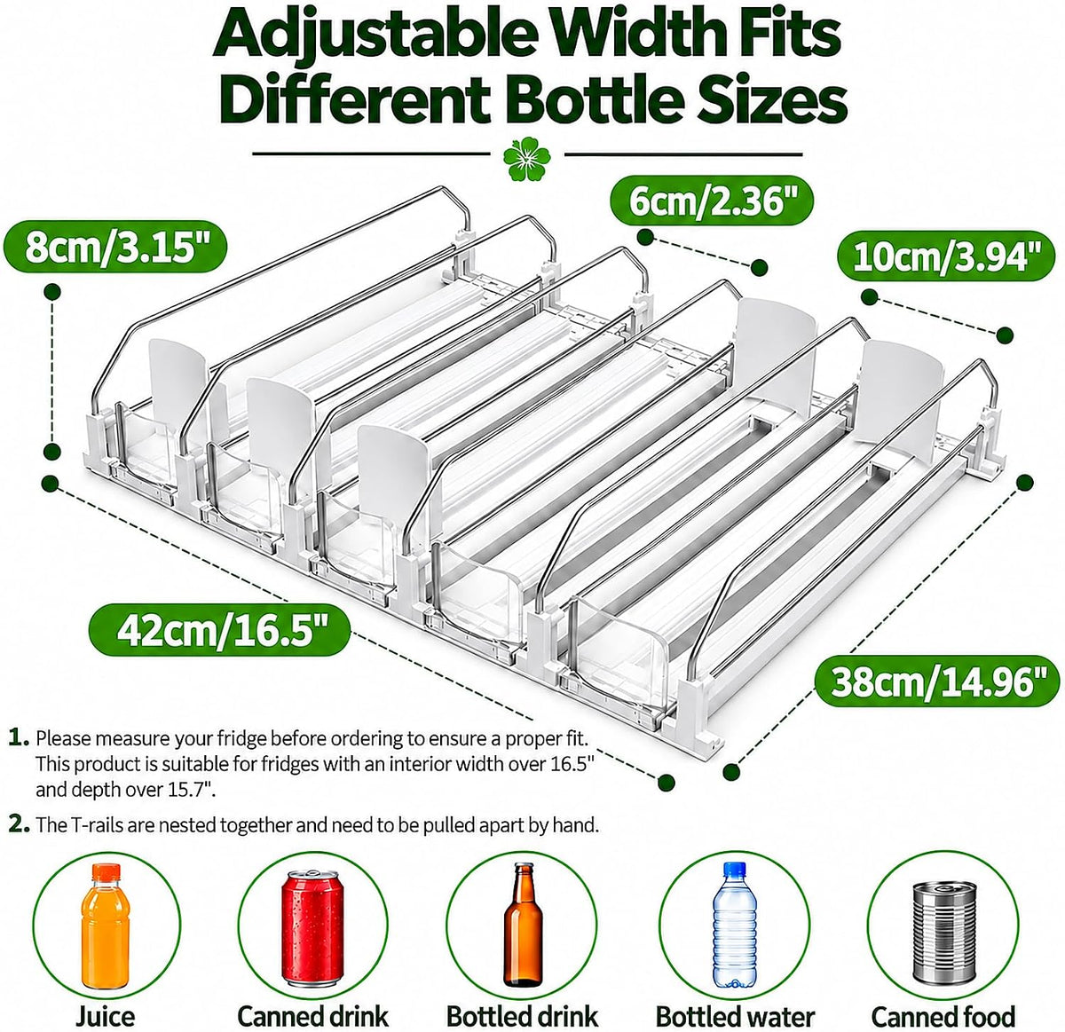 Drink Organizer for Fridge, 5 Row Automatic Pusher Glide, Adjustable Width Soda Can Dispenser for Refrigerator-Holds up to 25 Cans
