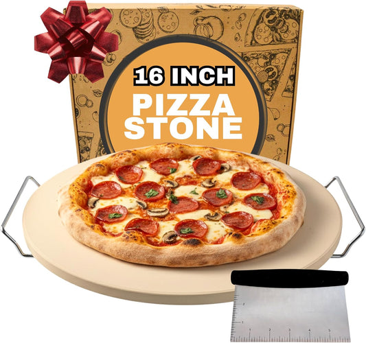 16 inch Baking Stone For Oven - Round Pizza Stone with Handles and Dough Tool - Baking Stone for Bread - Pizza Stones for Oven and Grill - Cooking Gifts for Food Lovers