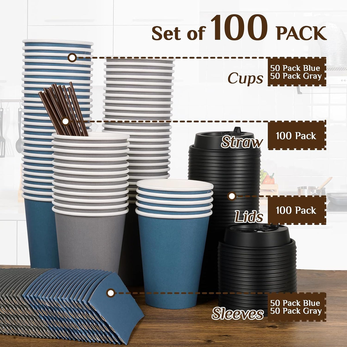 LITOPAK 100 Pack 12 oz Disposable Coffee Cups with Lid, Sleeve, Stirrers