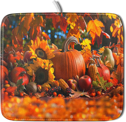 Fall Harvest Pumpkin Dish Drying Mat for Kitchen Counter,Thanksgiving Maple Leaves Sunflower Drying Mat 16 x 18 Inch with