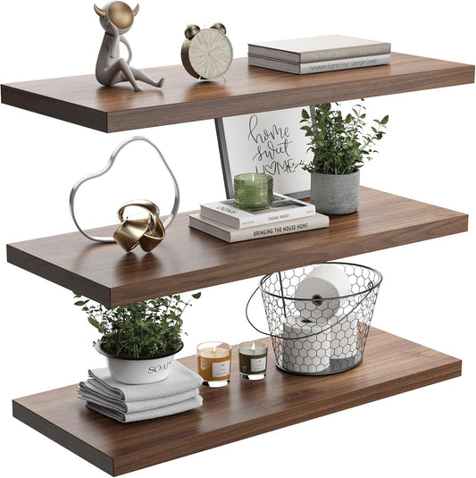 Wall Shelf Set of 3, Walnut Floating Shelves 30 in W x 10 in D x 1 in H, Wooden Floating Wall Shelf with Invisible Brackets