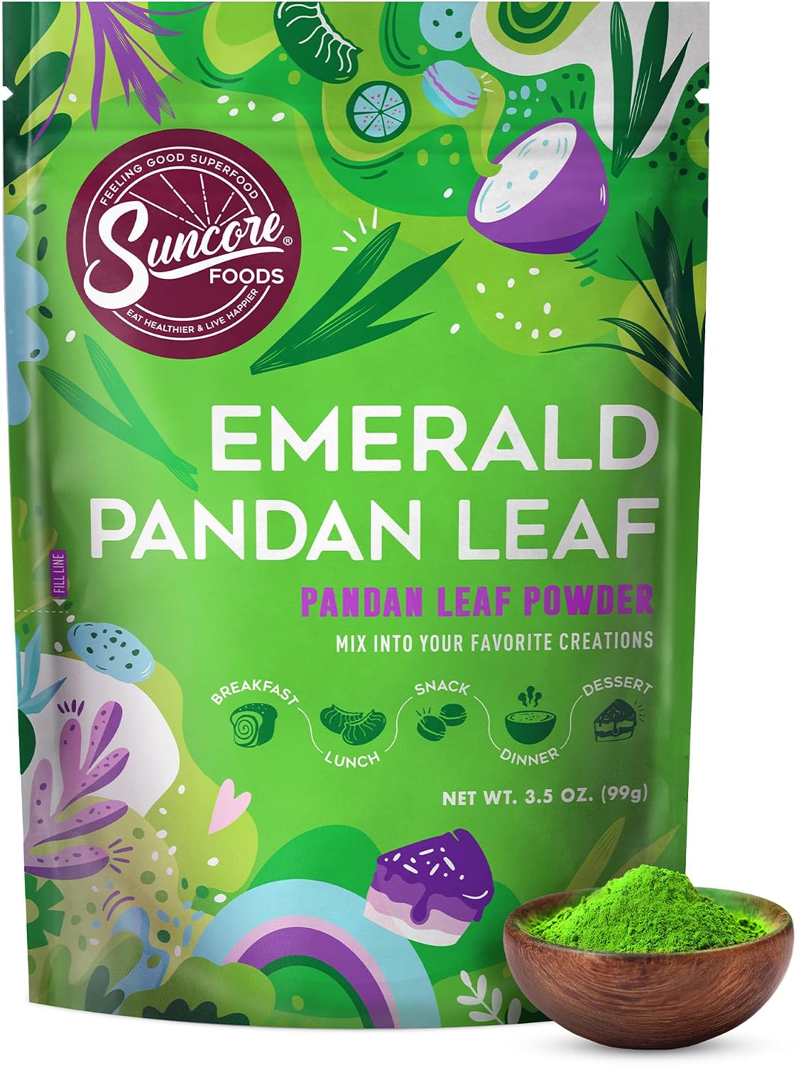 Suncore Foods Emerald Pandan Leaf Powder 3.5oz | Gluten Free | Vegan | Natural Green Food Coloring, For Baking, Drinks, Desserts, Smoothies, Gourmet Flavor, Non-GMO, No Caffein, Resealable Pouch