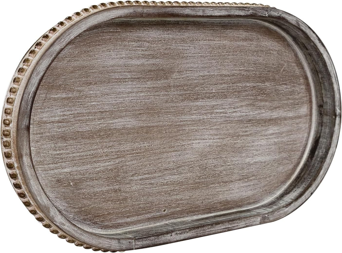 MAONAME Oval Decorative Wooden Tray, Vintage Brown Rustic Wood Serving Tray | Coffee Table Tray Decor, Farmhouse Kitchen Tray, Beaded Decorative Tray for Home Decor, Living Room, Kitchen, 15" X 9" X 1.2"