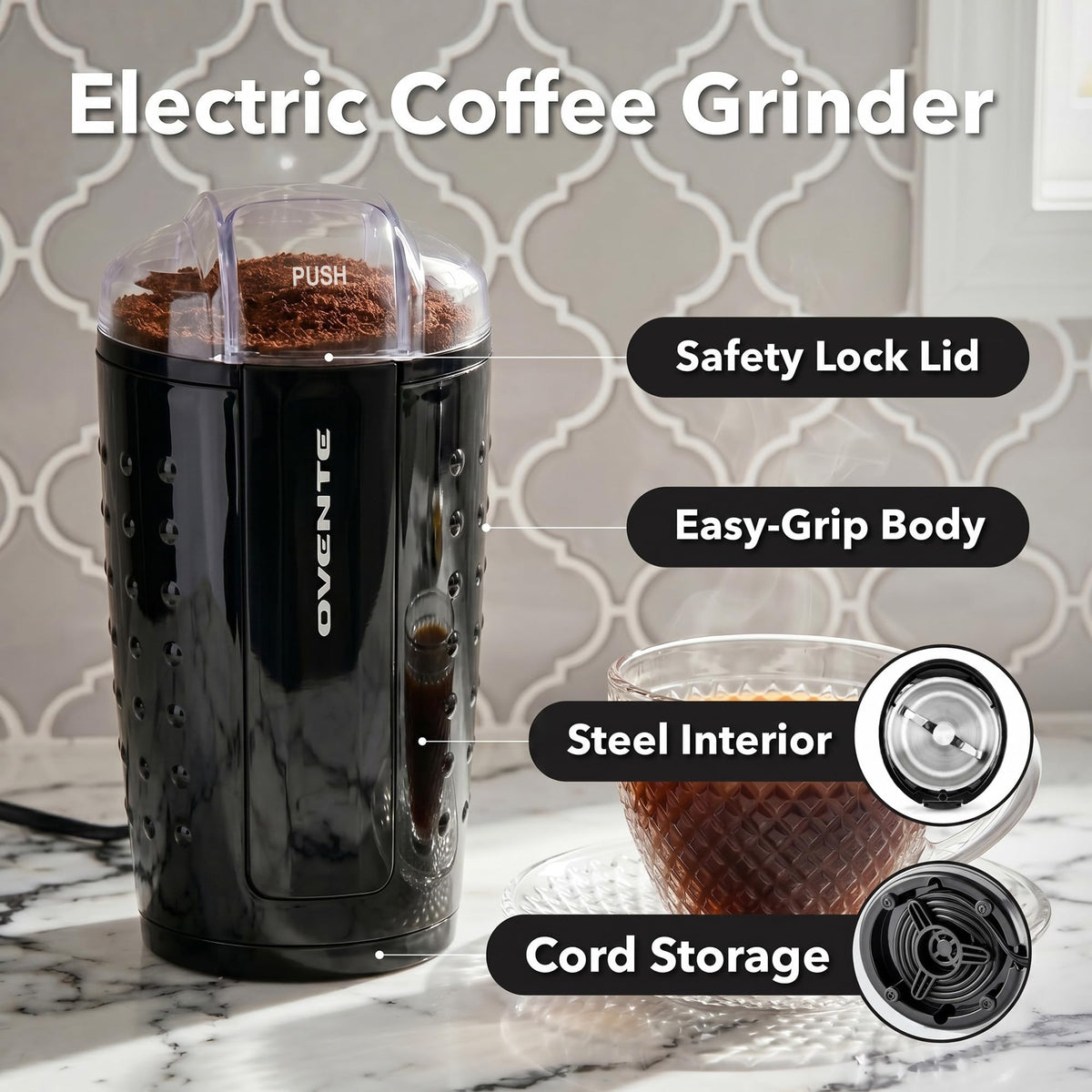 OVENTE Electric Coffee Grinder with One Touch Push-Button, Black CG225B