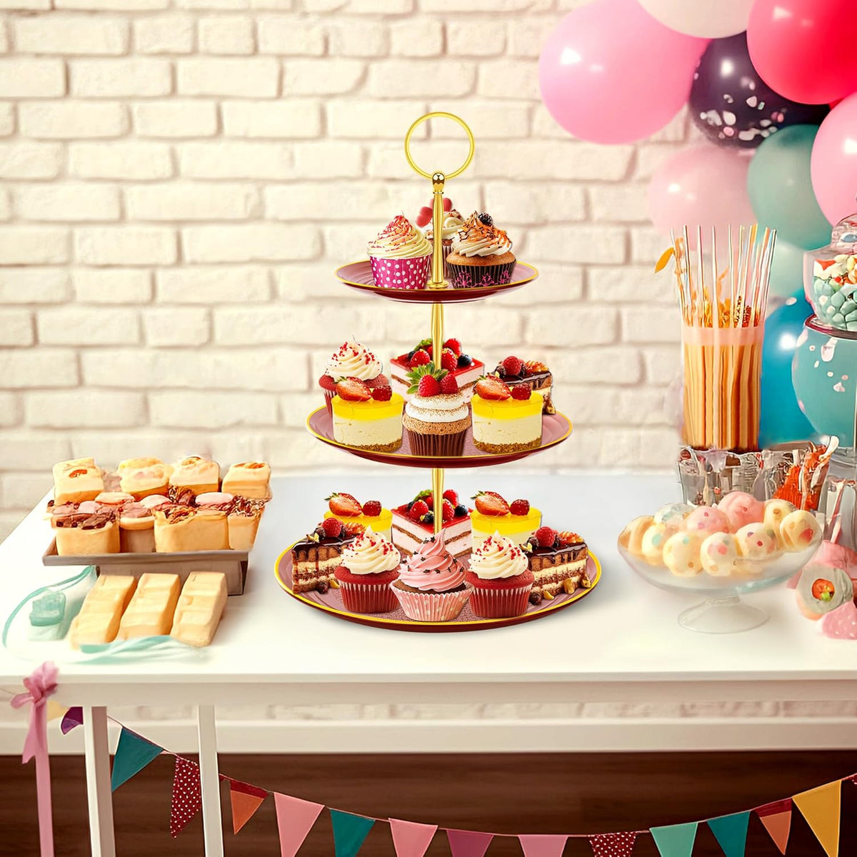 PinCute Cupcake Stand Holder - 3 Tier Cup Cake Dessert Stands, Plastic Tiered Serving Tray&Metal Rod for Birthday Party, Wedding, Tea Party, Baby Shower-Red