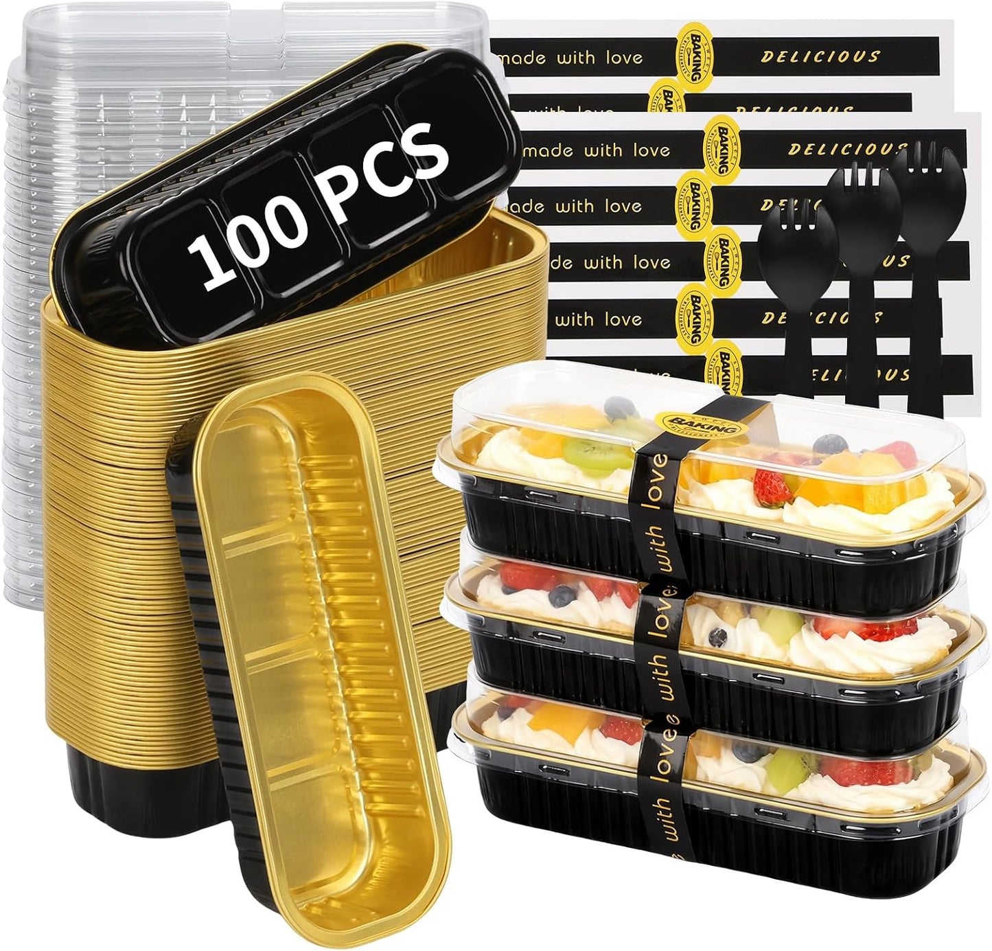 100 Pack 6.8 oz Rectangular Mini Loaf Pans with Lids and Spoons,Disposable Aluminum Foil Mini Cake Pans and Baking Tins with Sealing Stickers, Individual Black Dessert Containers for Parties