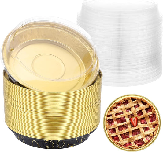 EUSOAR Disposable Ramekins, 50pcs 6 Inch Mini Pie Pans with Lids Muffins Liners Foil Baking Cups, 10oz Pans Cheesecake Container Flan Pie Tart Brownie Holders for Bakery Wedding Birthday Party