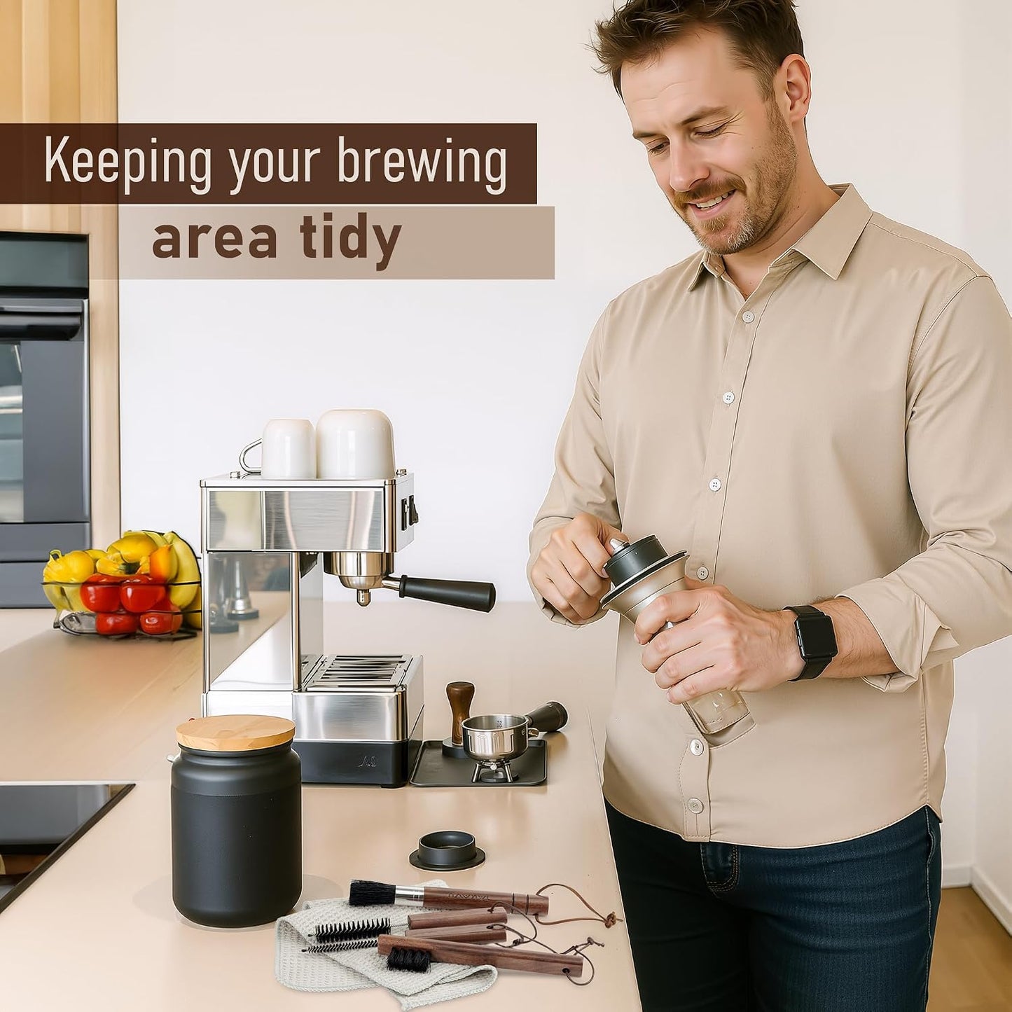 TAKAVU Coffee Grinder Cleaning Kit, 4pcs Boar Bristle Detail Brushes | Includes Grinder Brush, Detail Scrubber, Steam Wand Tools &amp; Microfiber Towel for Coffee Maker, Pour Over