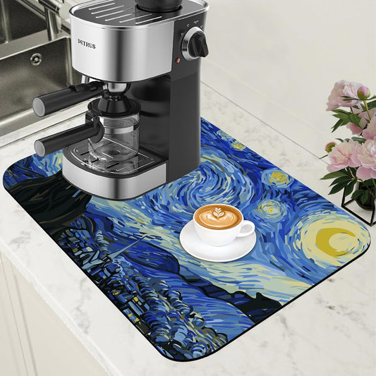 Dish Drying Mat Starry Night Art Coffee Bar Mat for Countertop Absorbent Rubber Backed Hide Stain Dish Drainer Rack Pad