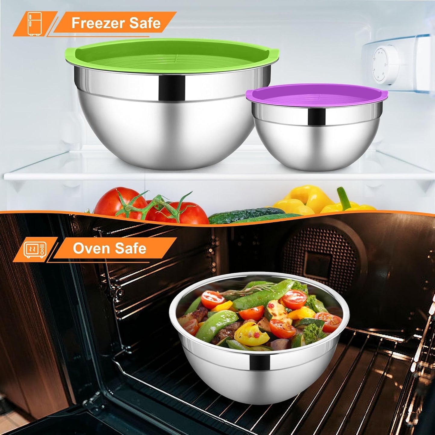 LIANYU Mixing Bowls with Lids Set, Large 7 &amp; 3.5 &amp; 2.5 &amp; 2 &amp; 1.5 &amp; 1QT | 6 Piece Stainless Steel Serving Bowls, Kitchen Metal Nesting Bowl for Cooking, Food Storage, Dishwasher Safe, Multi-Color