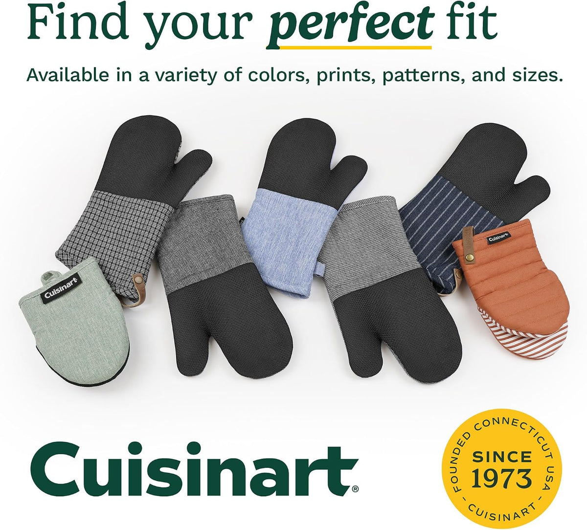 Cuisinart Heritage Kitchen Oven Mitts, Heat-Resistant, 2-Pack, 7"x13" | Non-slip neoprene palm grips up to 350°F, long cuff shields forearms, hang loop for storage, handles cast iron and grilling