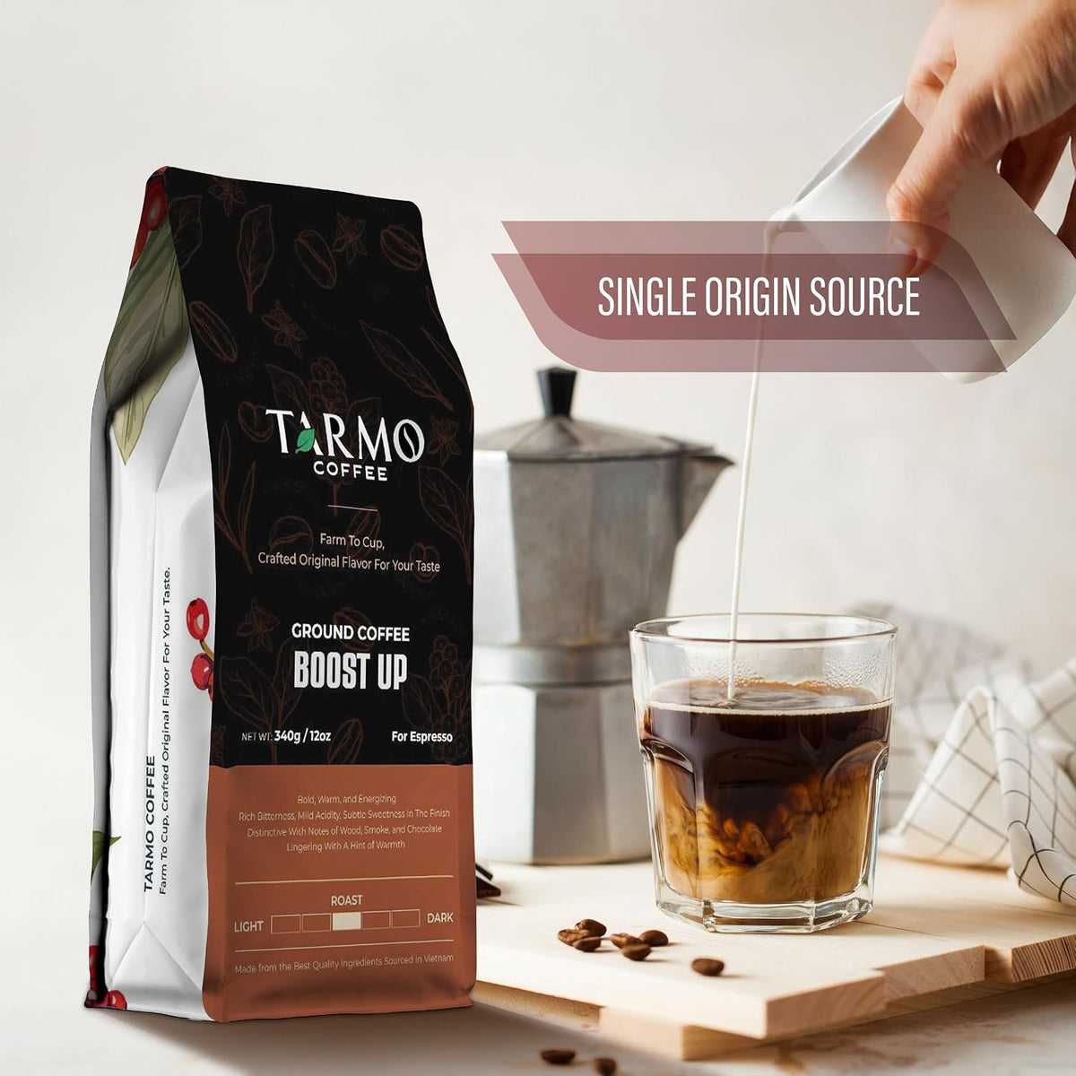 TARMO -BOOST UP | Low Acid ARABICA &amp; ROBUSTA BLEND Ground Coffee | Specialty Vietnamese Coffee | Single Origin - Dark Roast | High Caffeine Coffee Ground | 12 Oz Bag