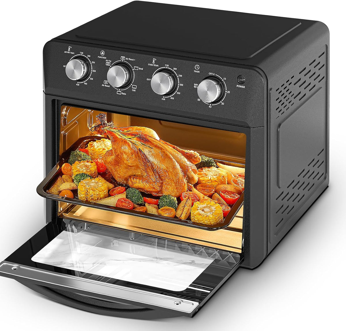 PlumChef 13 Quart 4 Slices Air Fryer Convection Toaster Oven, 1500W, Multifunction Oven for Roast, Bake, Grill, Broil, Toast（stainless steel）