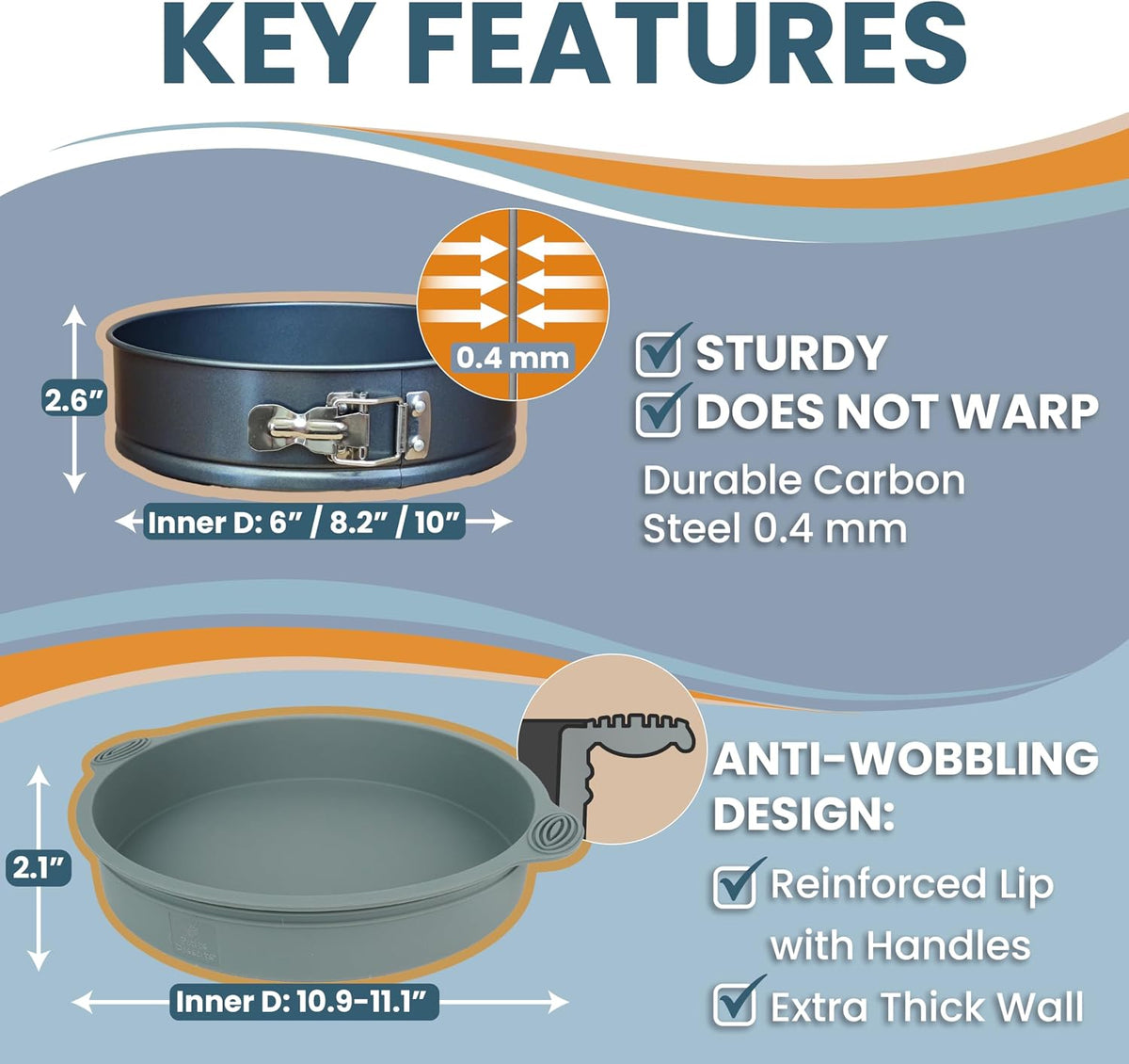 Cheese Cake Pans for Baking, NON-STICK Springform Pan Set &amp; SILICONE SLEEVE | 6, 8, 10 in, NO LEAKS IN WATER BATH - Sturdy Silicon Protector for FOIL-FREE Cheesecake Baking, Durable Carbon Steel 0.4 mm