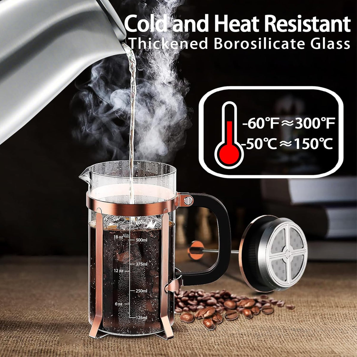 French Press Coffee Maker 304 Stainless Steel Coffee Press,with 4 Filters System, Heat Resistant Thickness Borosilicate French Press Glass, BPA-Free Brewed Tea Pot Coffee Plunger(Copper 12oz)