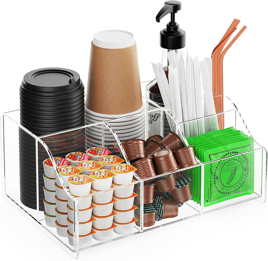 Acrylic Coffee Bar Organizer Station - Multiple Compartments - Kitchen Bar Tools Storage Rack - Beverage Station Organizer