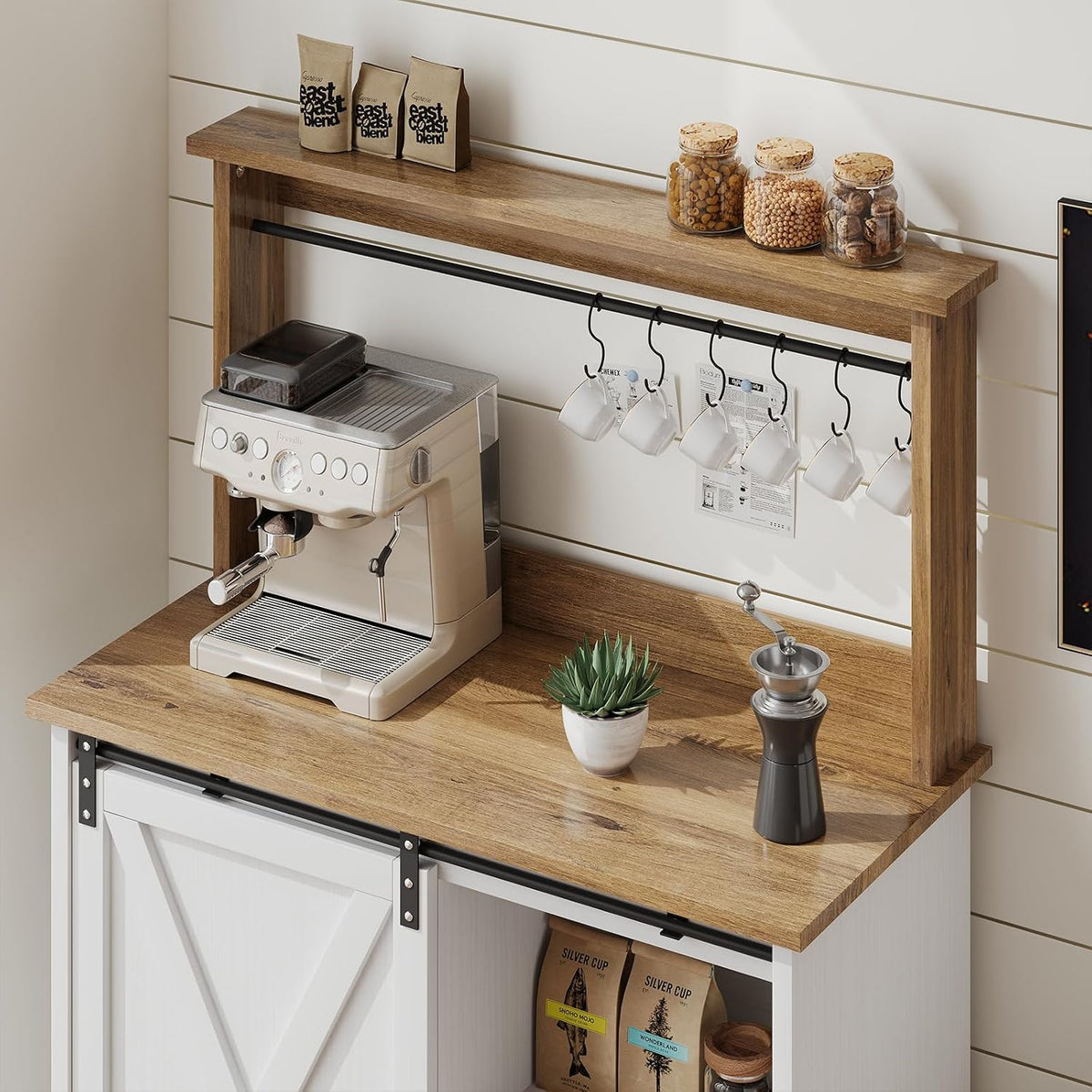 4ever2buy 31" Farmhouse Coffee Bar Cabinet with Storage Hutch