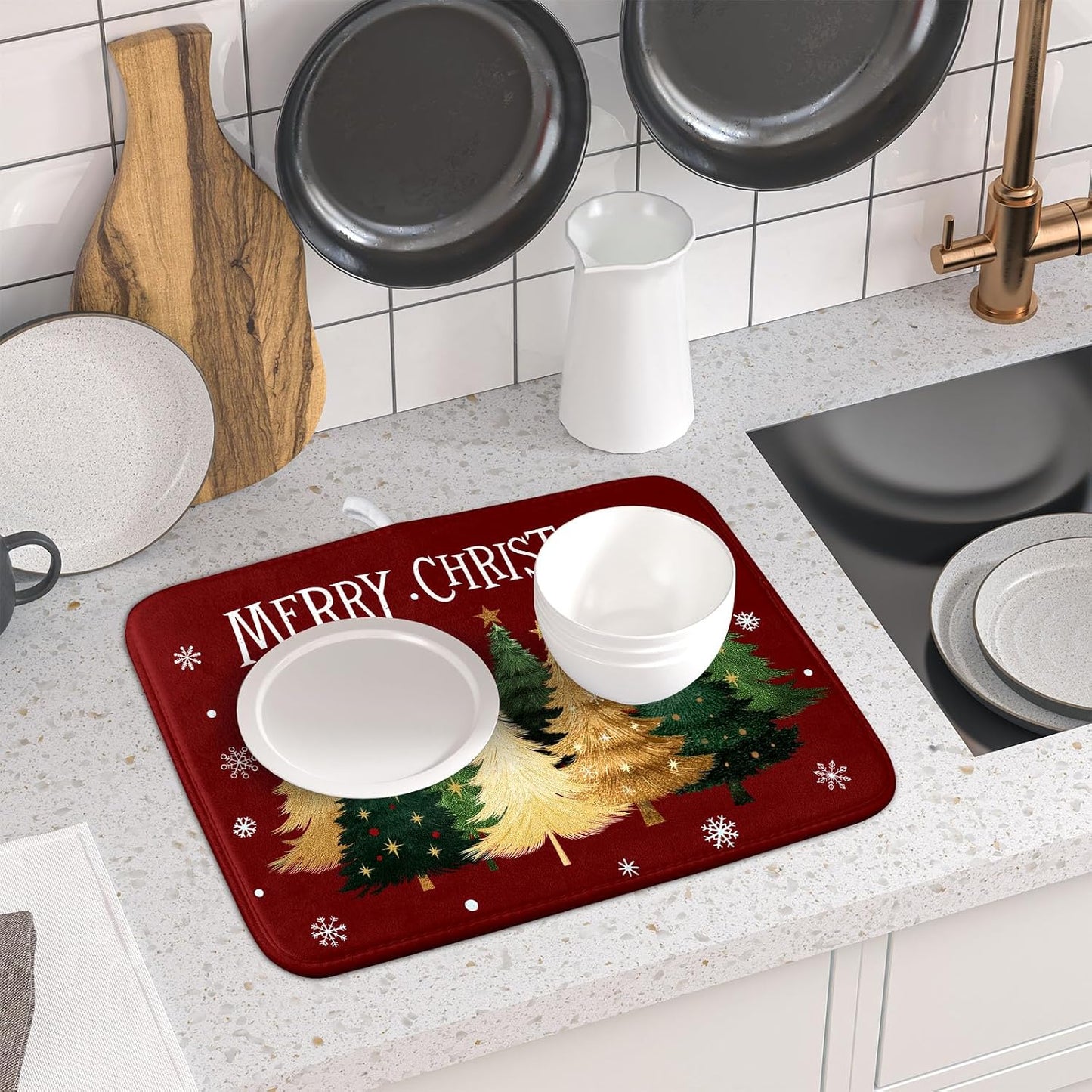 Xmas Tree Red Dish Drying Mat for Kitchen Counter,Winter Snowflake Drying Mat 16 x 18 Inch with High Absorbent Microfiber Drainer Mat for Coffee Bar