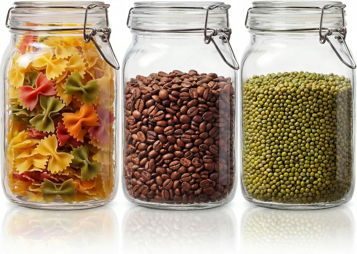 Square Glass Jars with Airtight Lid Set of 3, 50 floz Wide Mouth Mason Jars with Clamp Lids,Glass Sealed Jars with Air Tight Lids, Best for Kitchen & Pantry Food Storage