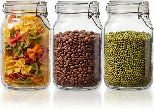 Square Glass Jars with Airtight Lid Set of 3, 50 floz Wide Mouth Mason Jars with Clamp Lids,Glass Sealed Jars with Air Tight Lids, Best for Kitchen & Pantry Food Storage