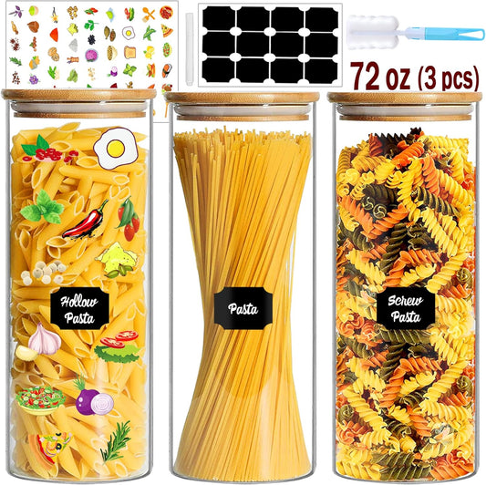 Glass Jars with Bamboo Lids, 72oz 3Pcs Kitchen Glass Containers with Bamboo Lids, Airtight Glass Pantry Storage Containers